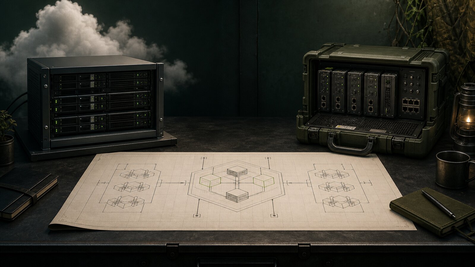 A cloud server rack and a rugged local cluster connected by one shared systems blueprint