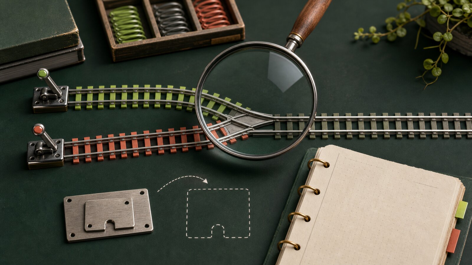 Two source-control tracks merging under a magnifying glass beside a patch ledger