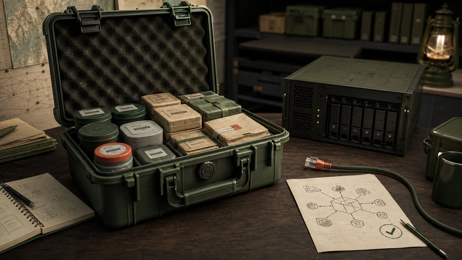 A rugged release case beside a local server and a visibly unplugged network cable