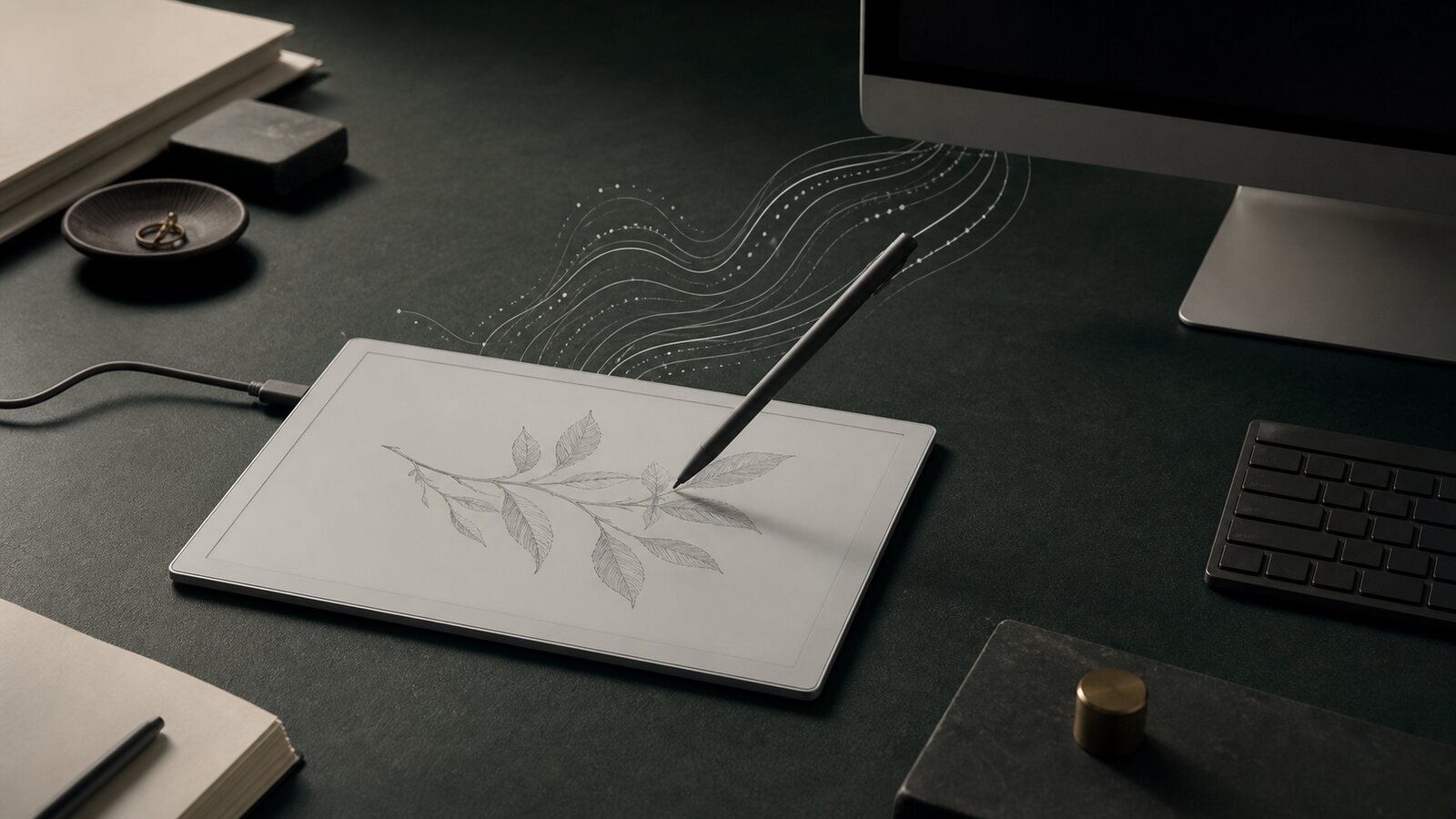 An e-ink tablet and stylus connected to a desktop computer, with abstract lines representing input events